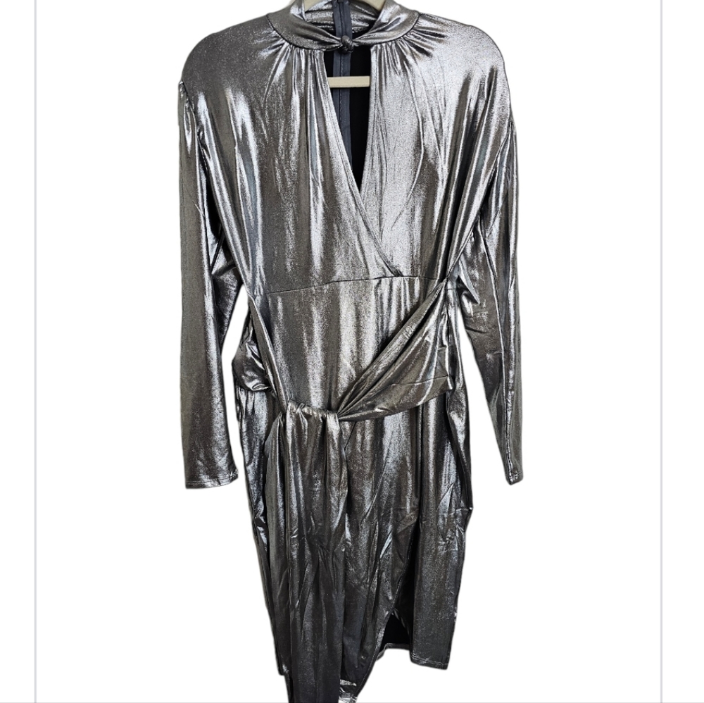 Silver Metallic Choker Tie Dress
